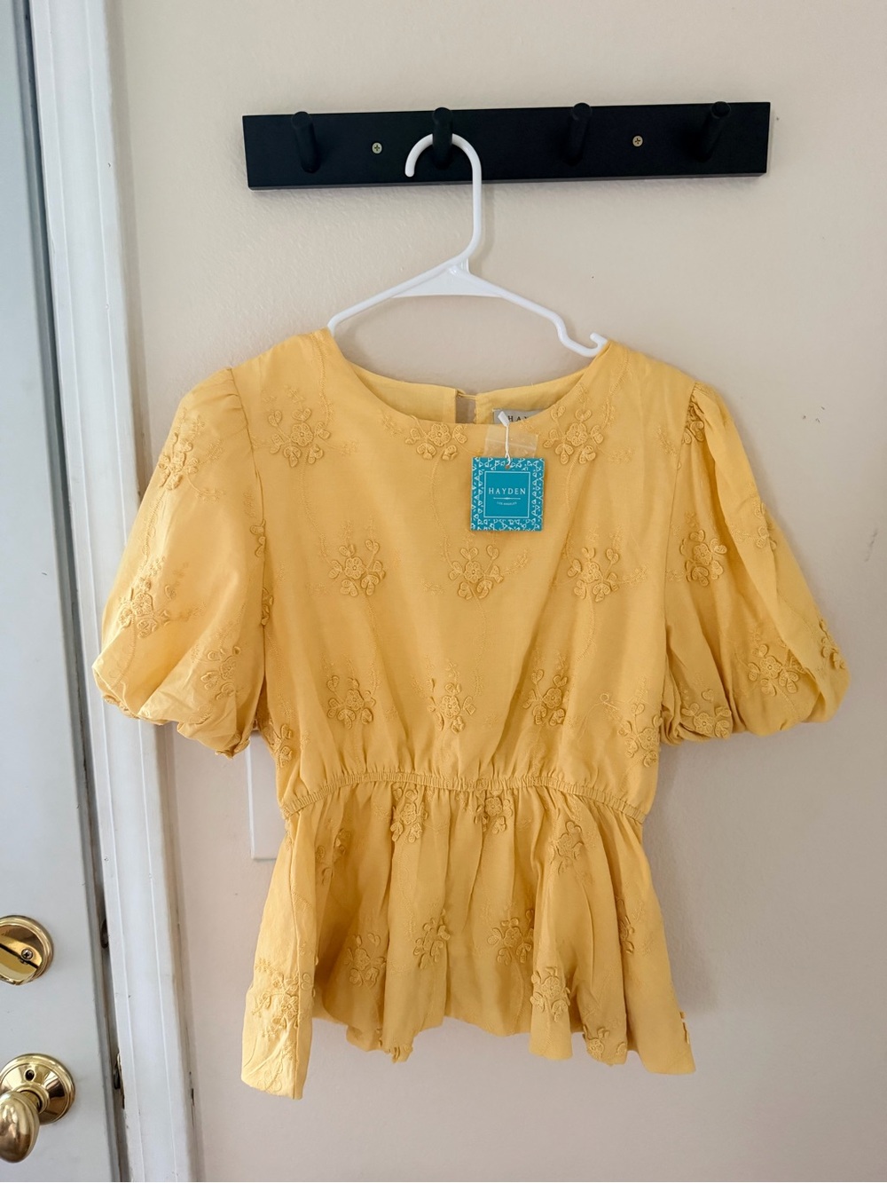 Hayden Yellow Embroidered Puff Sleeve Peplum Blouse